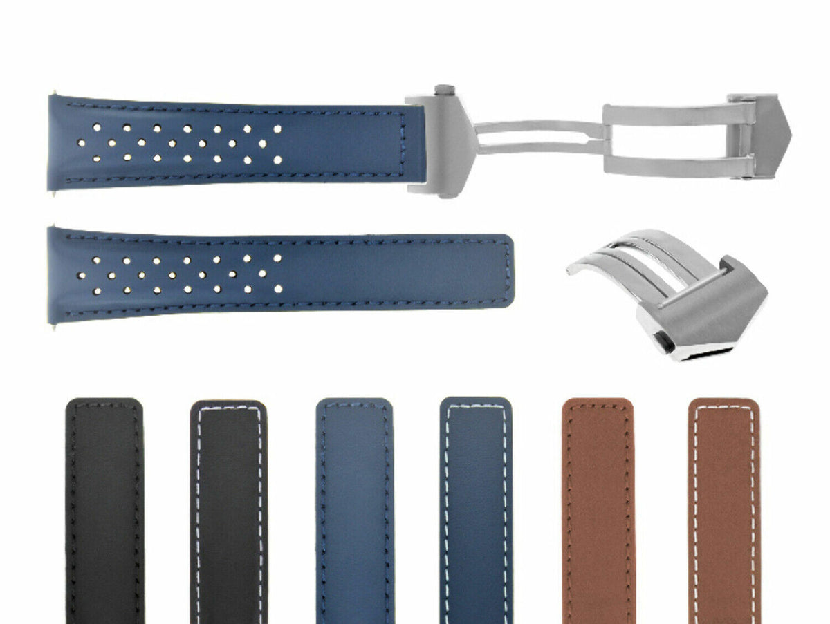 20-22MM LEATHER STRAP BAND FOR TAG HEUER CARRERA CV2010 PERFORAT CLASP FC5037,40, Blue