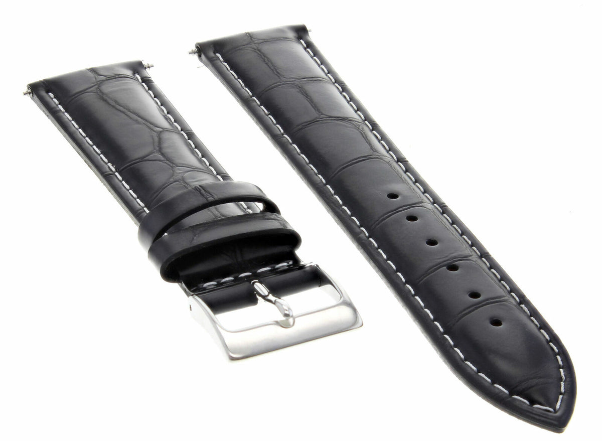 19-20-21-22-23MM LEATHER WATCH STRAP BAND FOR IWC PILOT PORTUGESE TOP GUN WATCH, Black with White Stitching, front view