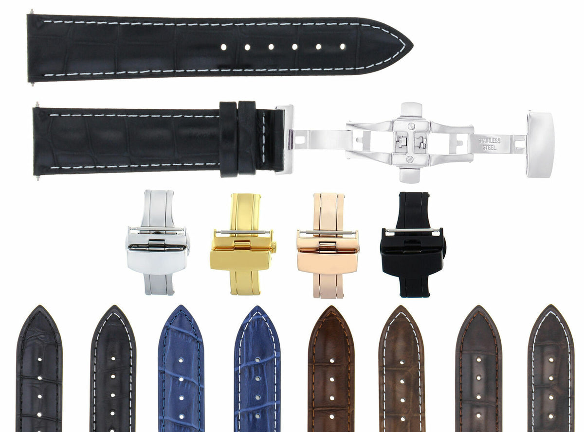 19/16MM-20/16MM LEATHER WATCH BAND STRAP FOR ROLEX WATCH + BUTTERFLY CLASP, Black with White Stitching