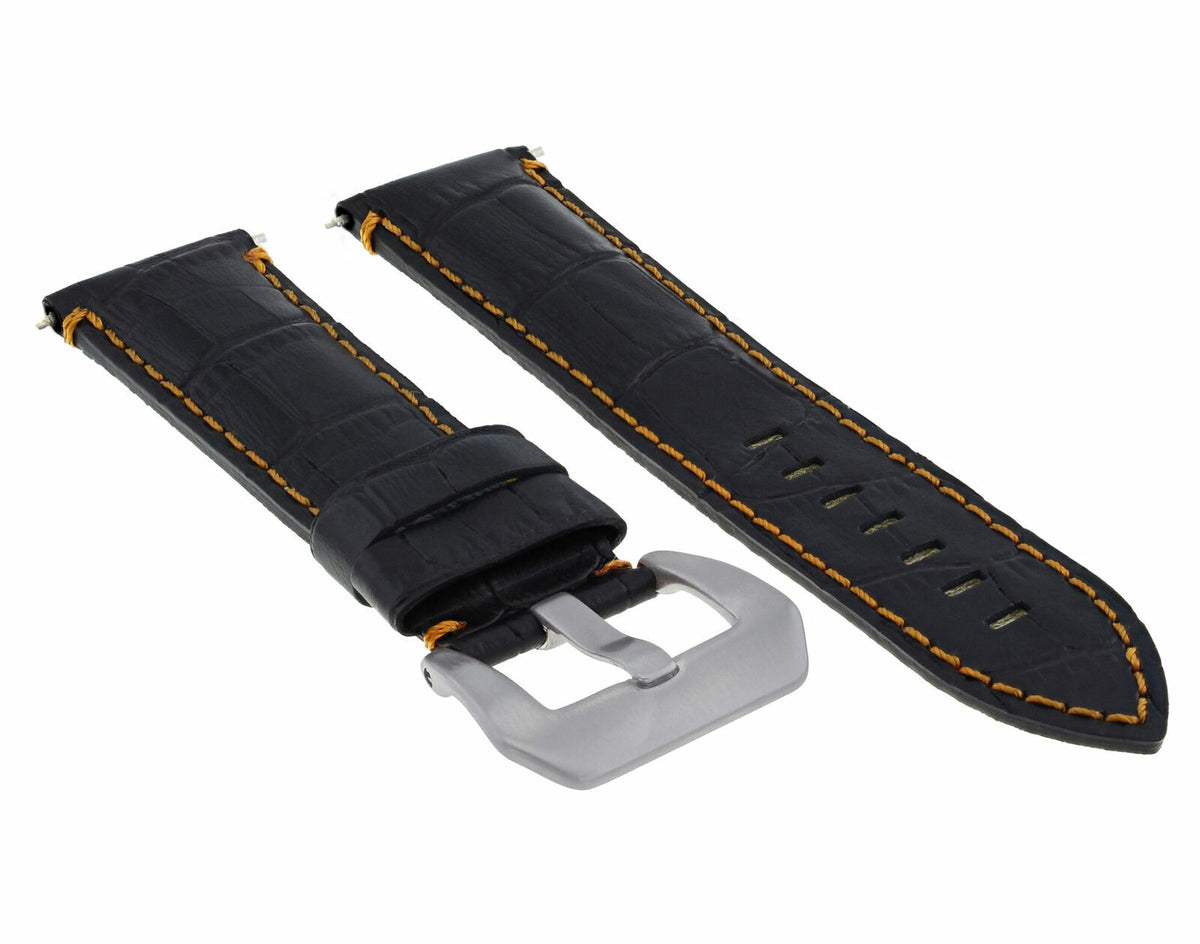 22MM 24MM REPLACEMENT LEATHER WATCH BAND STRAP FOR MONTBLANC TIMEWALKER CHRONO, Black with Orange Stitching, front view