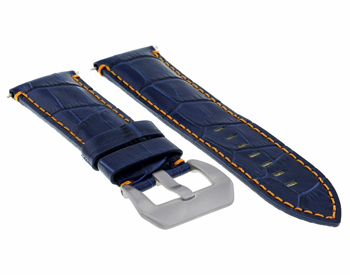 22MM 24MM REPLACEMENT LEATHER WATCH BAND STRAP FOR MONTBLANC TIMEWALKER CHRONO, Blue with Orange Stitching, front view