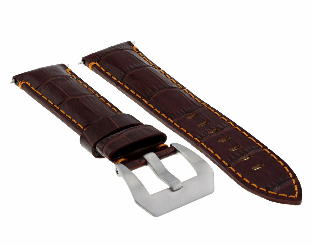 22MM 24MM REPLACEMENT LEATHER WATCH BAND STRAP FOR MONTBLANC TIMEWALKER CHRONO, Brown with Orange Stitching, front view