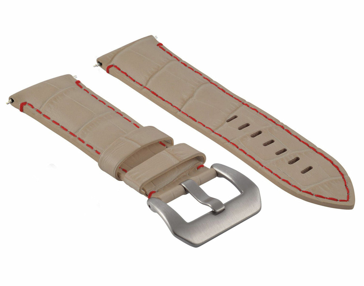 22MM 24MM REPLACEMENT LEATHER WATCH BAND STRAP FOR MONTBLANC TIMEWALKER CHRONO, Beige with Red Stitching, view 4
