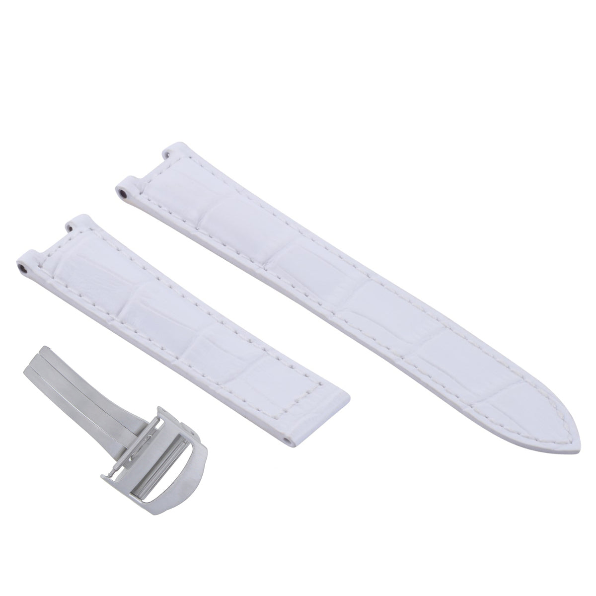 LEATHER STRAP BAND FIT FOR CARTIER PASHA 21MM WHITE DEPLOYMENT CLASP STEEL