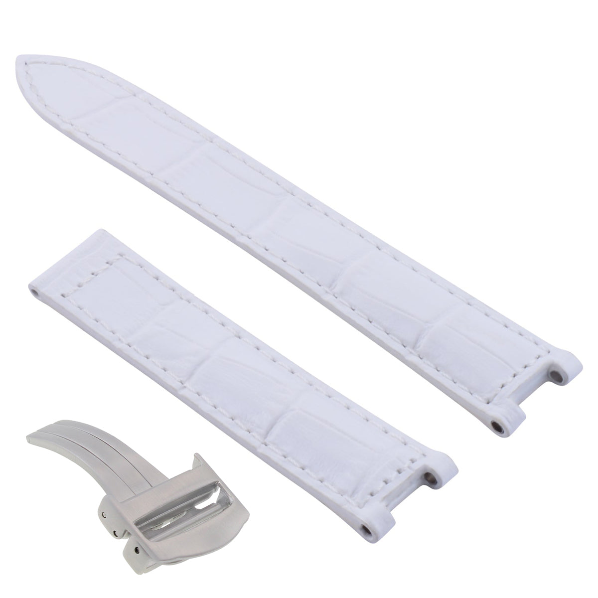 LEATHER STRAP BAND FIT FOR CARTIER PASHA 21MM WHITE DEPLOYMENT CLASP STEEL