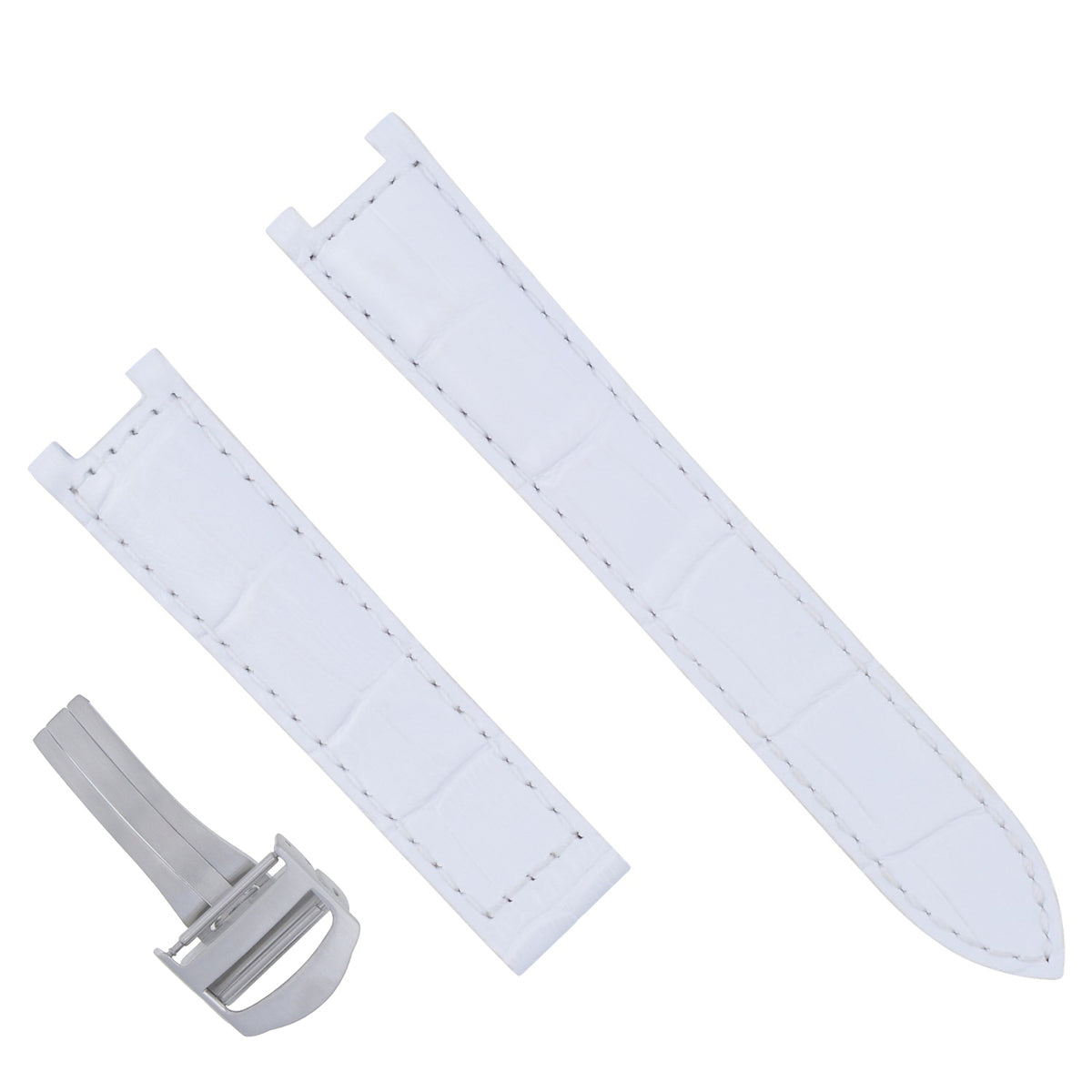 LEATHER STRAP BAND FIT FOR CARTIER PASHA 21MM WHITE DEPLOYMENT CLASP STEEL