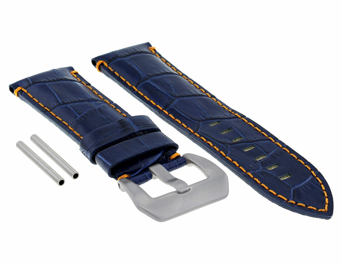 22-24MM LEATHER WATCH BAND STRAP FOR 40-44MM PANERAI MARINA RADIOMIR GMT WATCH - Beige with Red Stitching, Blue with Orange Stitching, front view