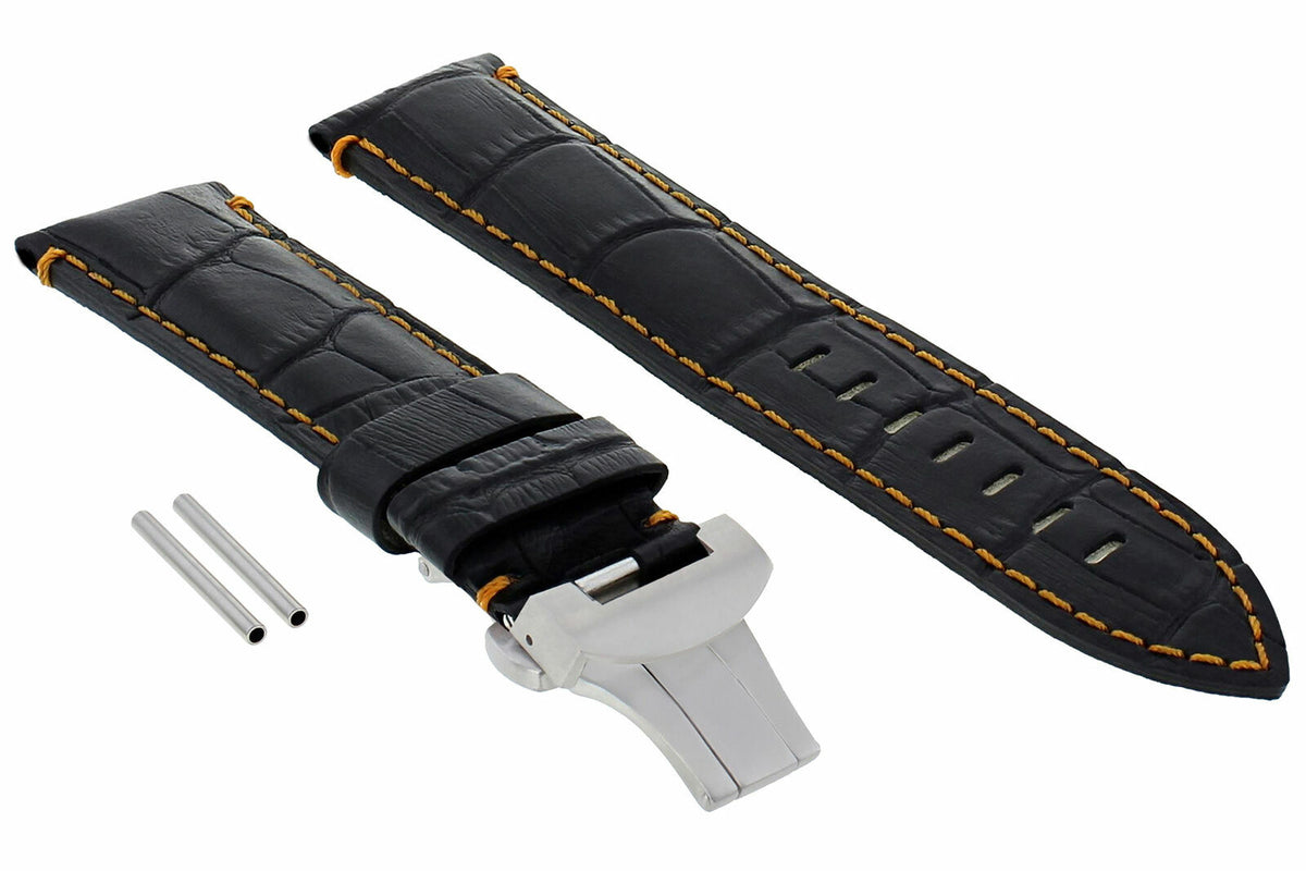 22-24MM LEATHER WATCH BAND STRAP FOR PANERAI MARINA LUMINOR GMT WATCH + CLASP - 22mm, Black with Orange Stitching, front view