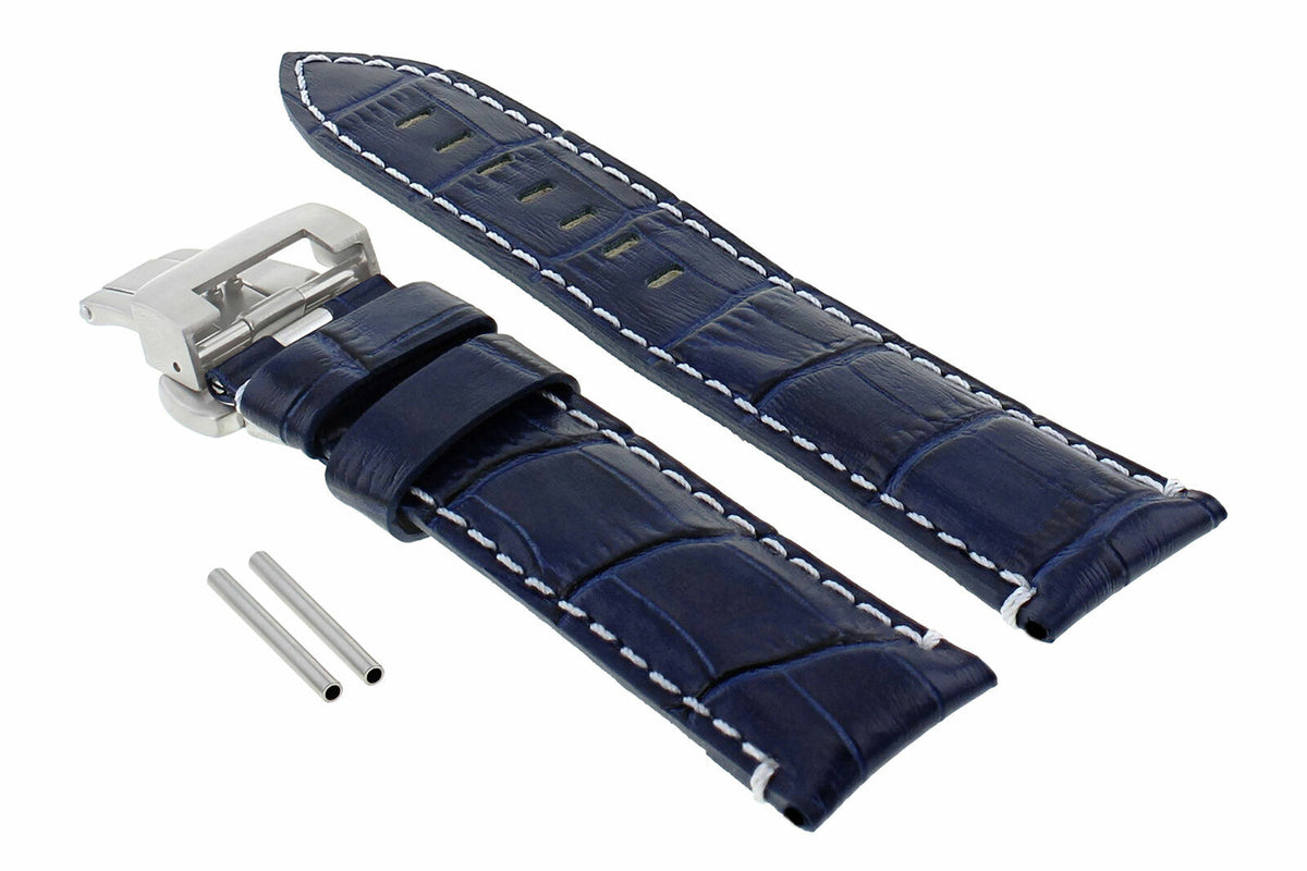 22-24MM LEATHER WATCH BAND STRAP FOR PANERAI MARINA LUMINOR GMT WATCH + CLASP - 22mm, Blue with White Stitching, view 4