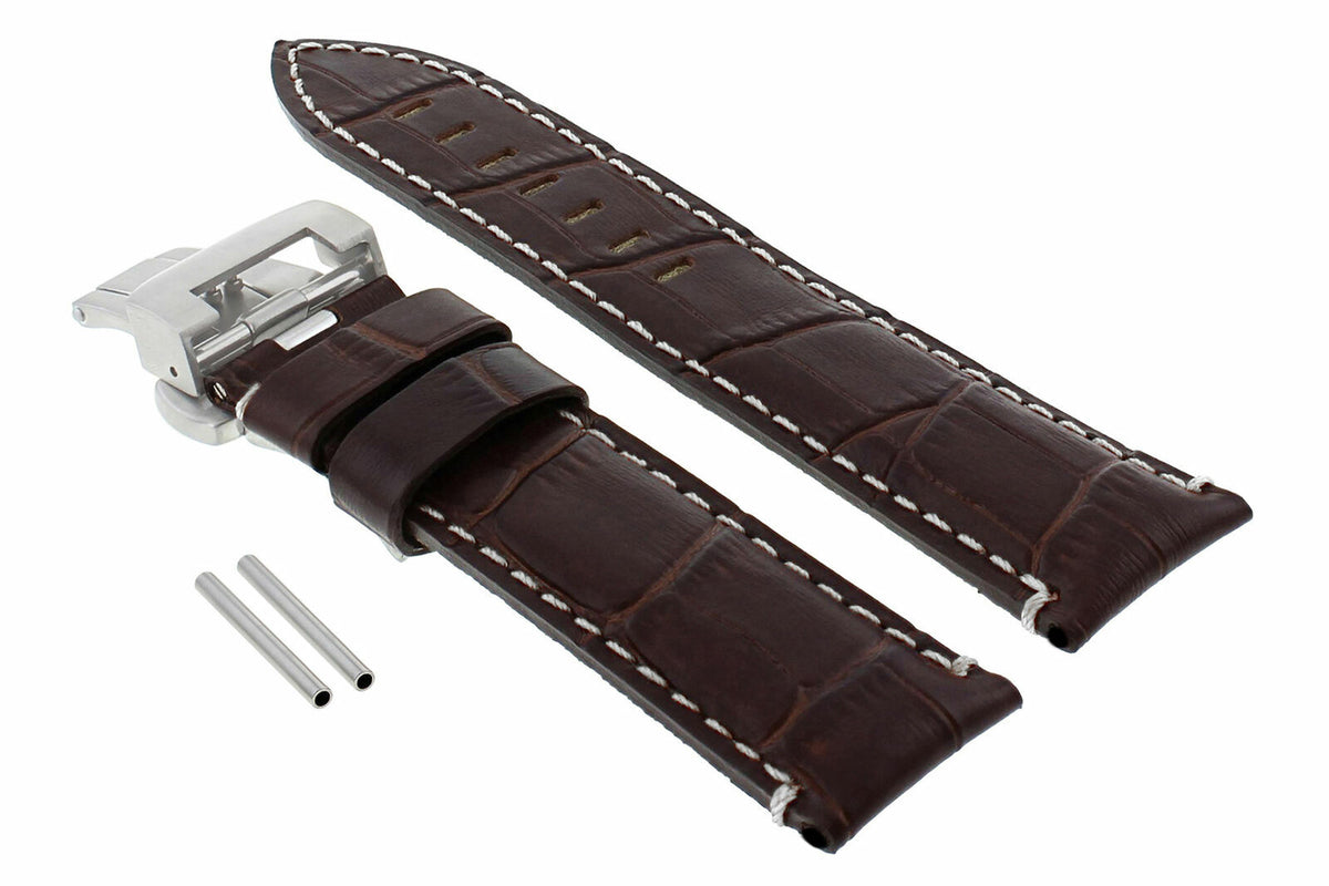 22-24MM LEATHER WATCH BAND STRAP FOR PANERAI MARINA LUMINOR GMT WATCH + CLASP - 22mm, Brown with White Stitching, view 4