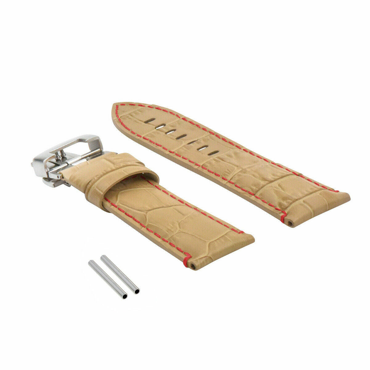 22-24MM LEATHER WATCH BAND STRAP FOR PANERAI MARINA LUMINOR GMT WATCH + CLASP - 22mm, Beige with Red Stitching, view 3