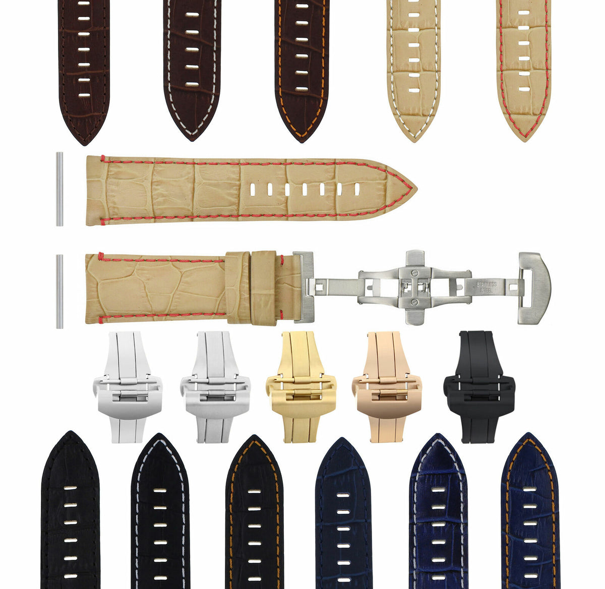 22-24MM LEATHER WATCH BAND STRAP FOR PANERAI MARINA LUMINOR GMT WATCH + CLASP - 22mm, Beige with Red Stitching