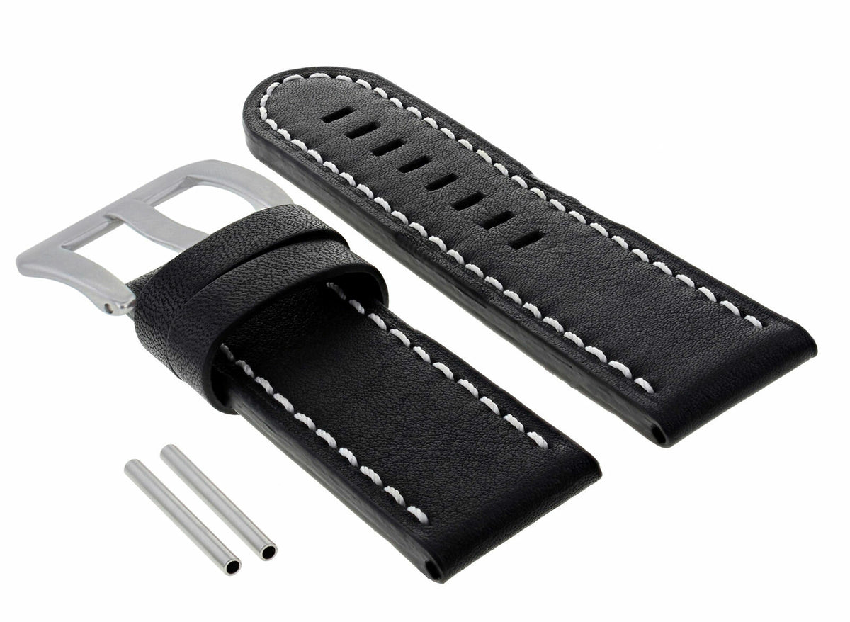 20MM 22MM 24MM GENUINE REPLACEMENT LEATHER STRAP FOR UNIVERSAL WATCH BAND, Black with White Stitching, view 3