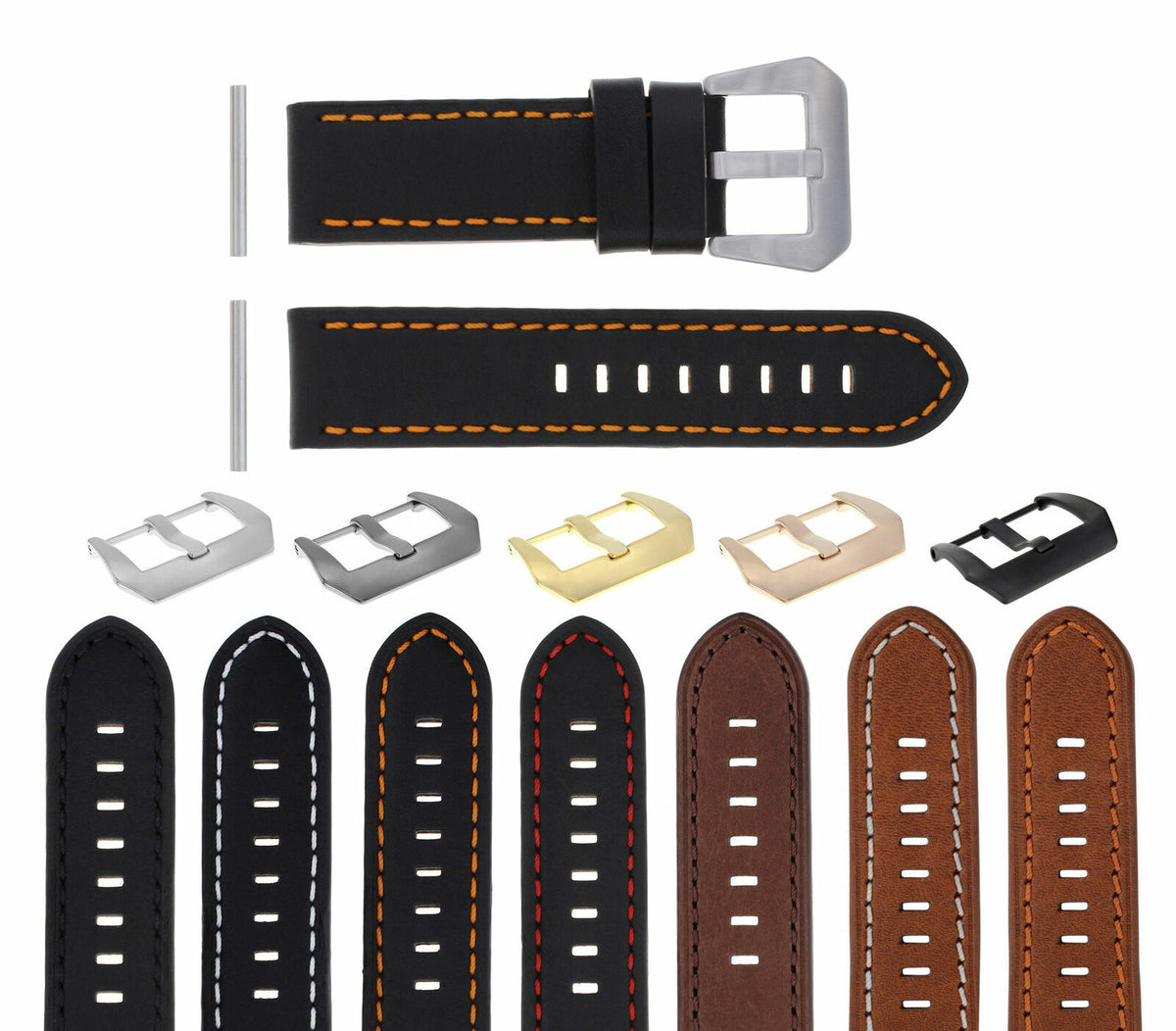 22-24MM LEATHER WATCH BAND STRAP FOR 40- 44MM PANERAI GMT 88 562 441 90 104 560, Black with Orange Stitching
