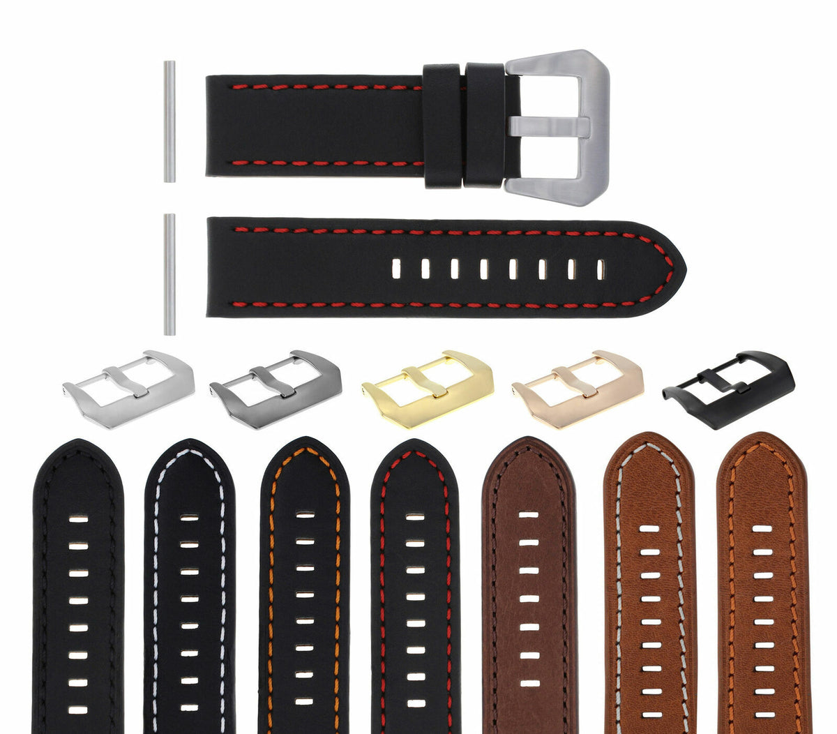22-24MM LEATHER WATCH BAND STRAP FOR 40- 44MM PANERAI GMT 88 562 441 90 104 560, Black with Red Stitching