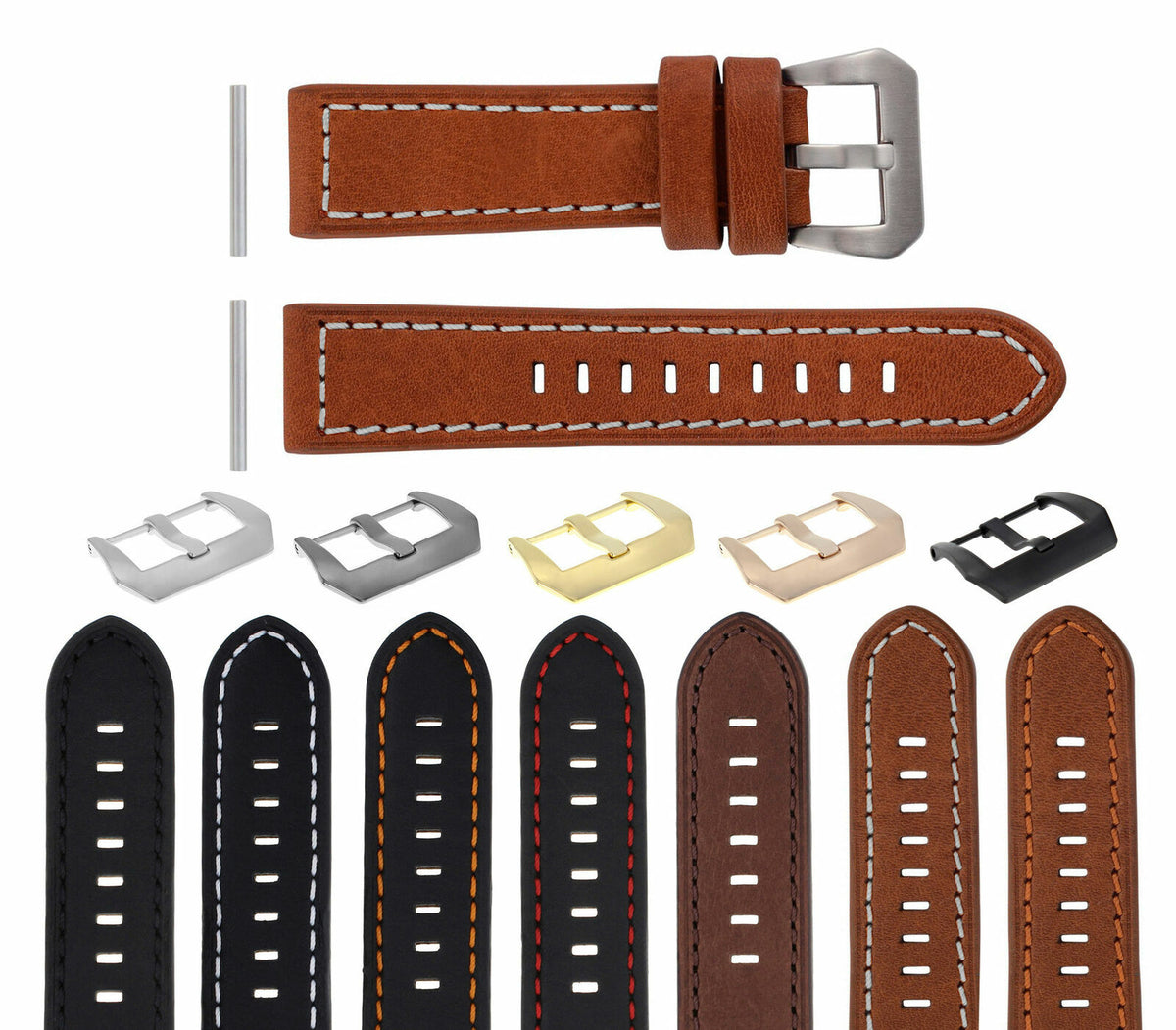 22-24MM LEATHER WATCH BAND STRAP FOR 40- 44MM PANERAI GMT 88 562 441 90 104 560, Tan with White Stitching
