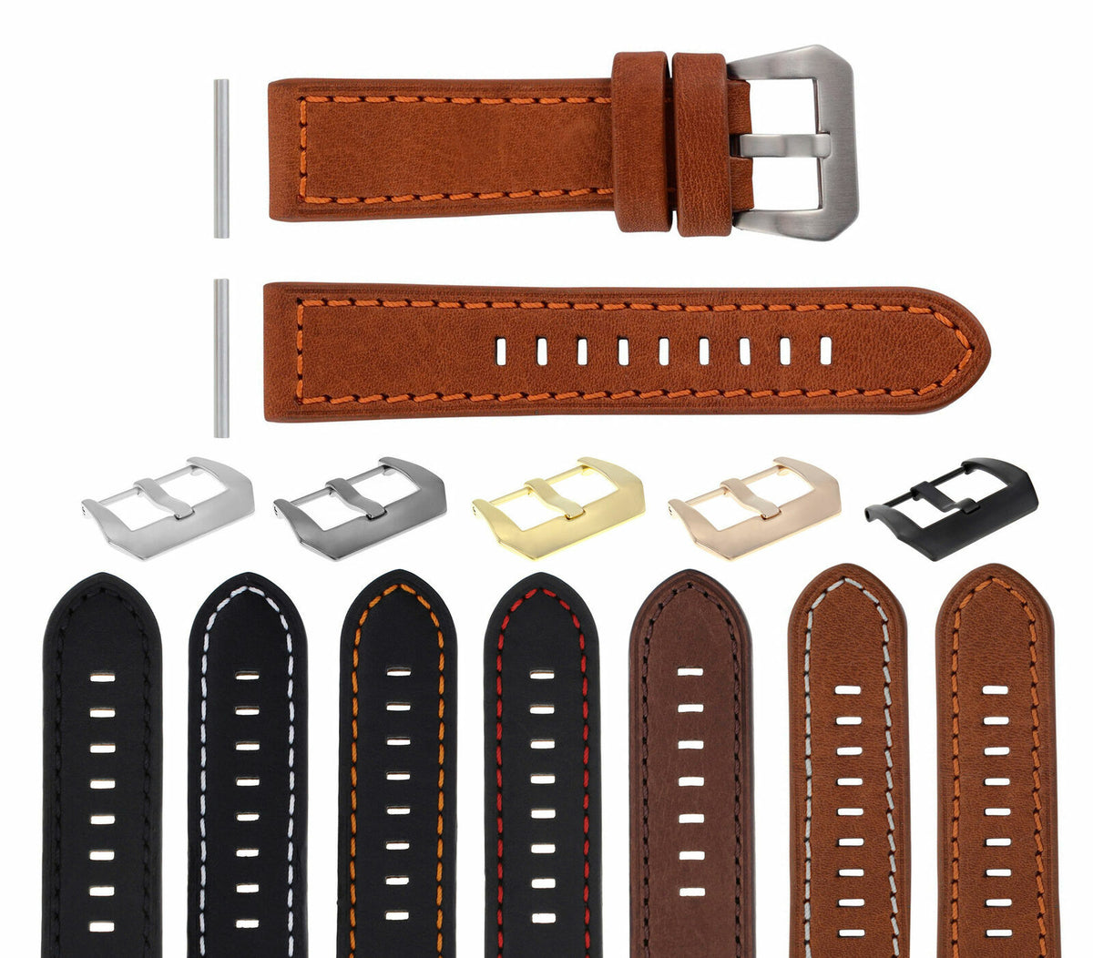 22-24MM LEATHER WATCH BAND STRAP FOR 40- 44MM PANERAI GMT 88 562 441 90 104 560, Tan with Orange Stitching