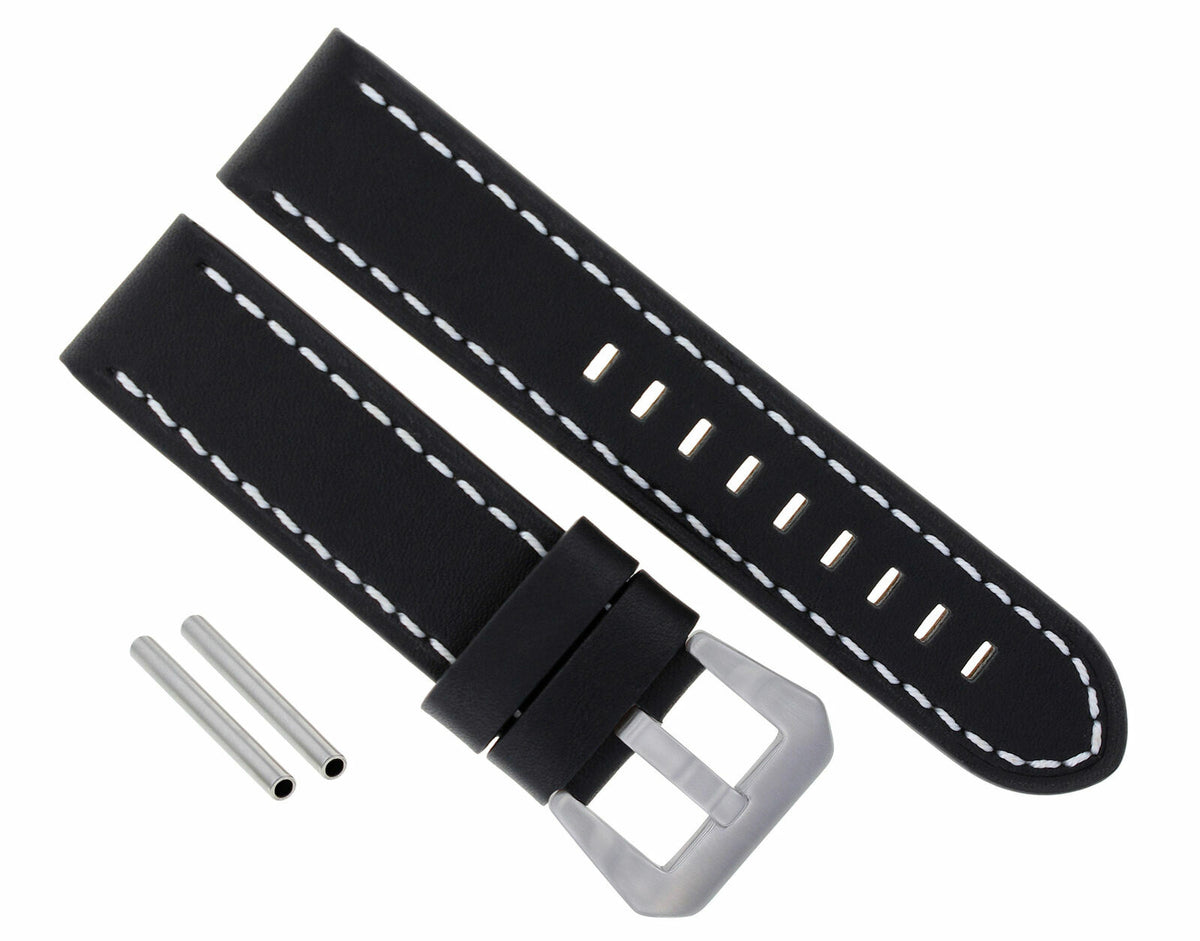 22 -24MM LEATHER WATCH BAND STRAP FOR PAM PANERAI MARINA LUMINOR WATCH LONG, Black with White Stitching, view 3