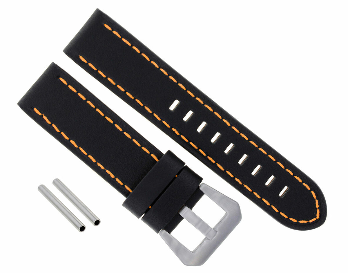22 -24MM LEATHER WATCH BAND STRAP FOR PAM PANERAI MARINA LUMINOR WATCH LONG, Black with Orange Stitching, view 3