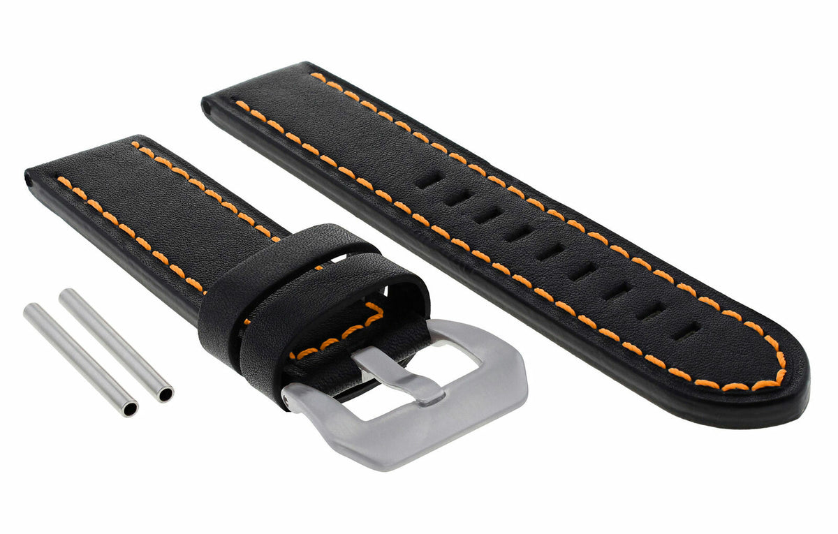 22 -24MM LEATHER WATCH BAND STRAP FOR PAM PANERAI MARINA LUMINOR WATCH LONG, Black with Orange Stitching, front view