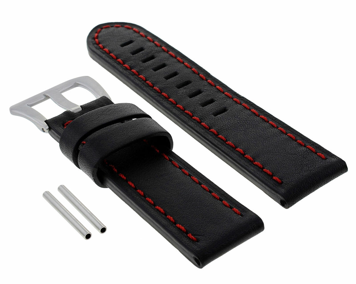 22 -24MM LEATHER WATCH BAND STRAP FOR PAM PANERAI MARINA LUMINOR WATCH LONG, Black with Red Stitching, view 4