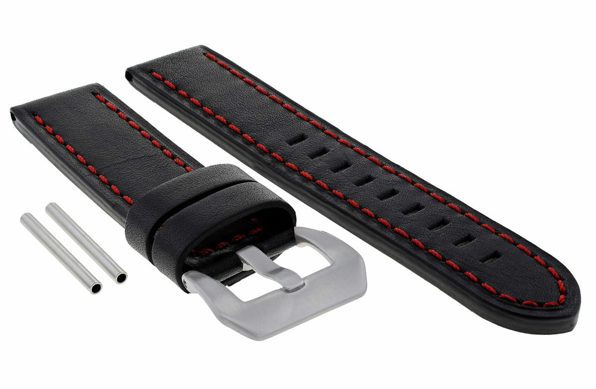 22 -24MM LEATHER WATCH BAND STRAP FOR PAM PANERAI MARINA LUMINOR WATCH LONG, Black with Red Stitching, front view