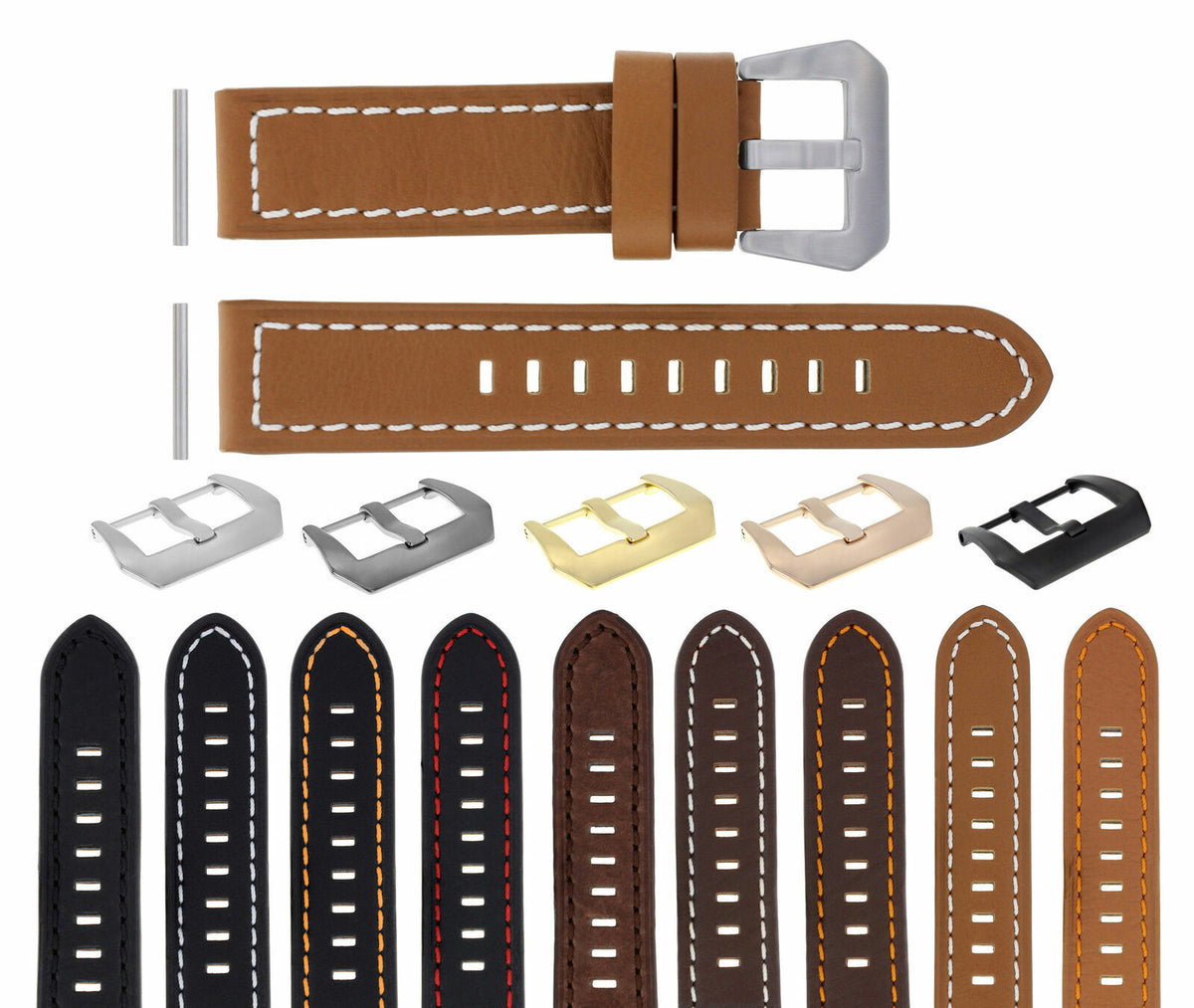22 -24MM LEATHER WATCH BAND STRAP FOR PAM PANERAI MARINA LUMINOR WATCH LONG, Tan with White Stitching