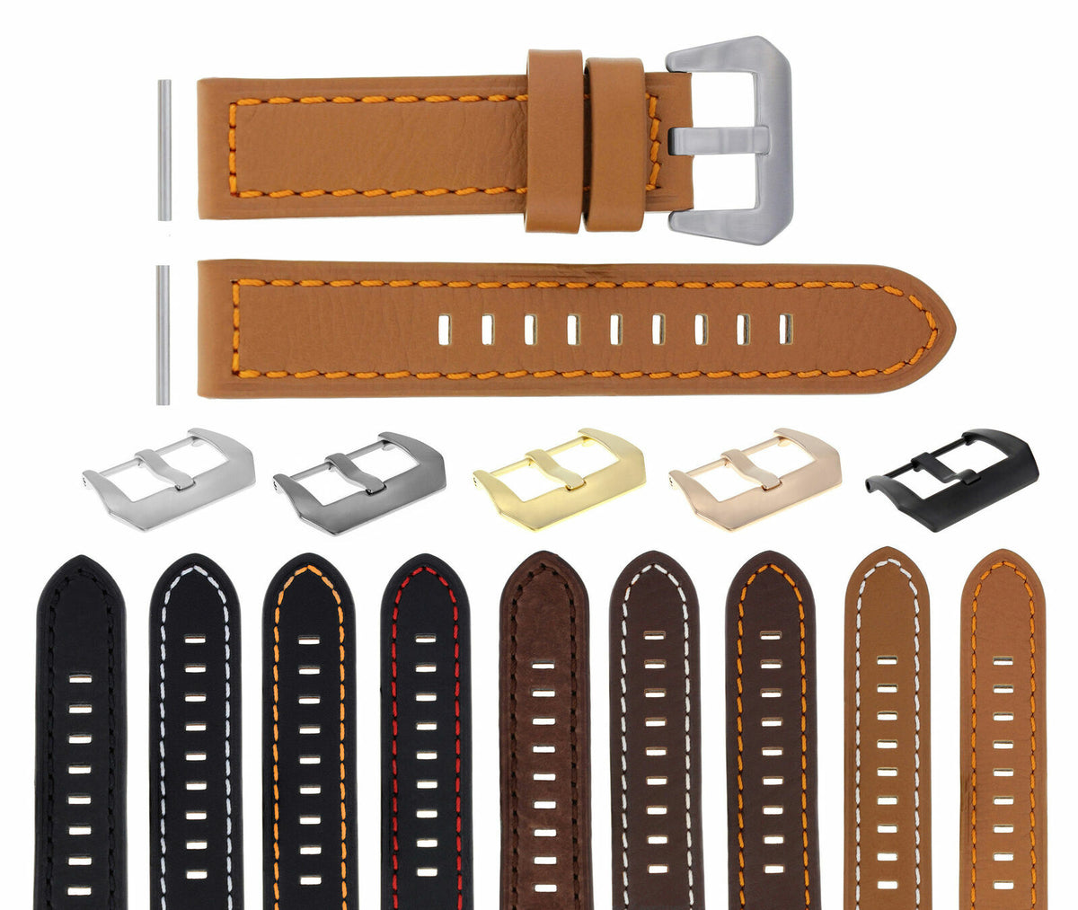22 -24MM LEATHER WATCH BAND STRAP FOR PAM PANERAI MARINA LUMINOR WATCH LONG, Tan with Orange Stitching