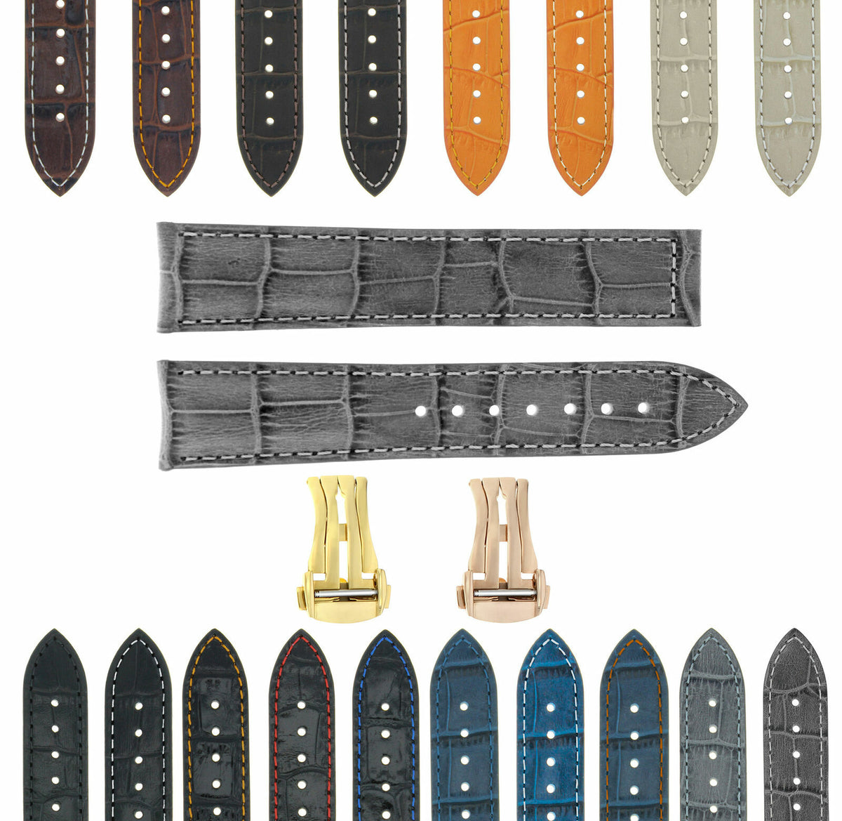 18MM-24MM GENUINE LEATHER WATCH BAND STRAP WITH CLASP FOR OMEGA SEAMASTER PLANET, Gray with White Stitching