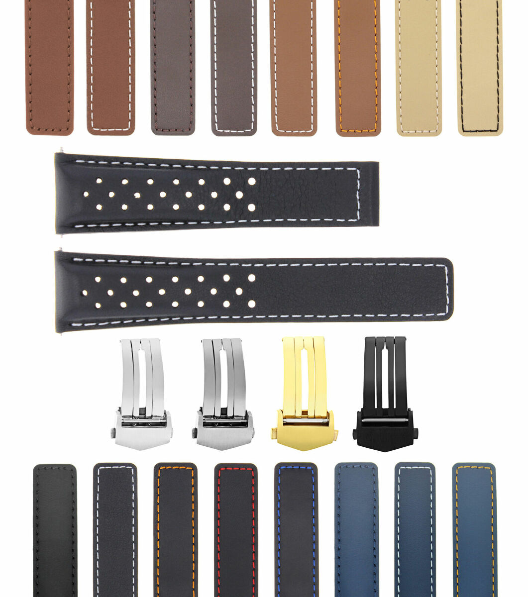 PERFORATED 19-20-22MM LEATHER WATCH BAND STRAP FOR TAG HEUER CARRERA CALIBRE, Black with White Stitching