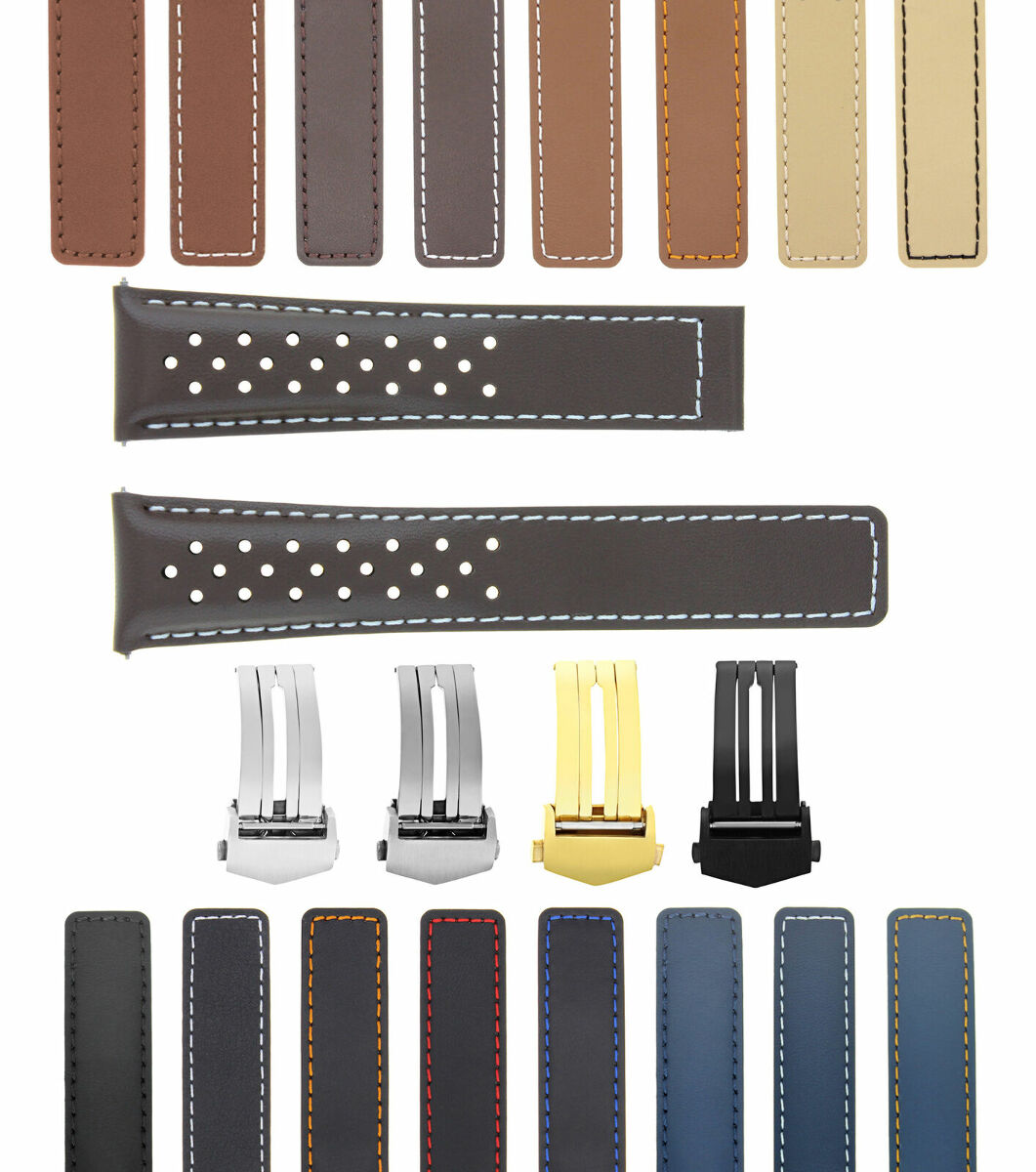 PERFORATED 19-20-22MM LEATHER WATCH BAND STRAP FOR TAG HEUER CARRERA CALIBRE, Brown with White Stitching
