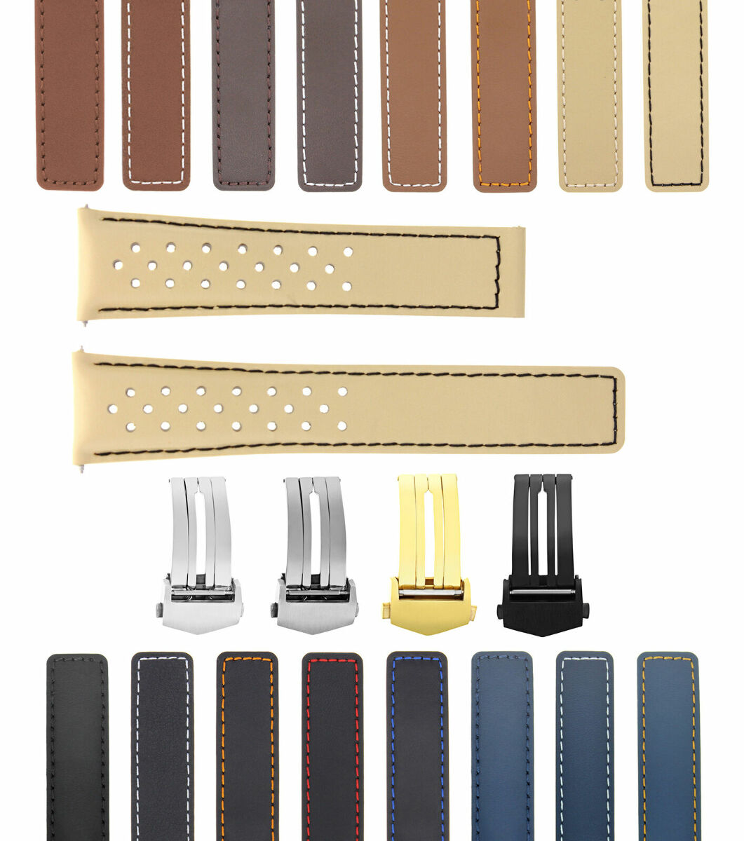 PERFORATED 19-20-22MM LEATHER WATCH BAND STRAP FOR TAG HEUER CARRERA CALIBRE, Beige with Black Stitching