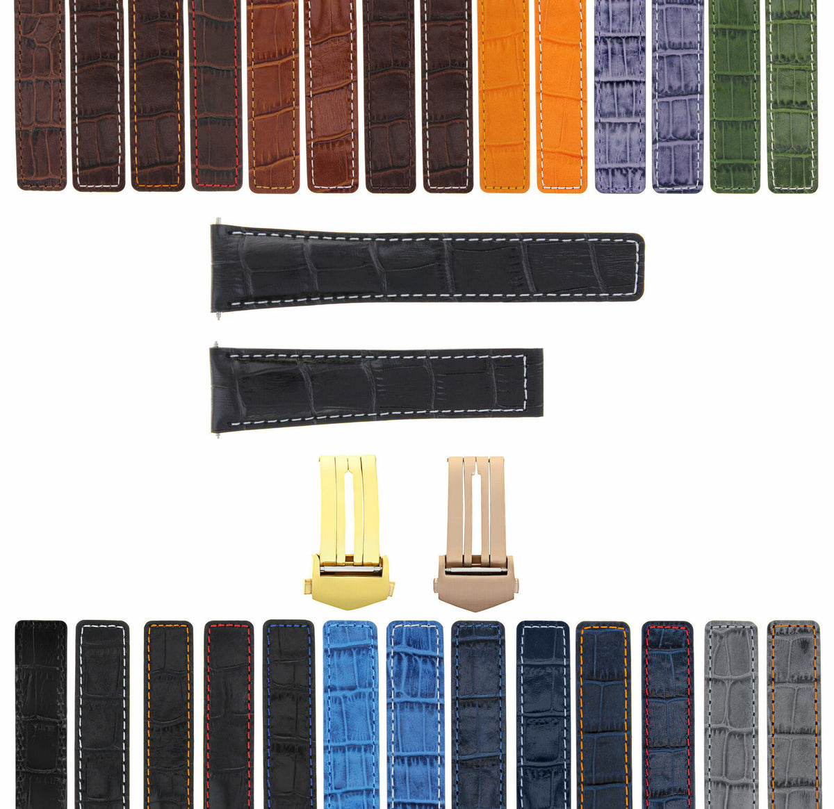 18-19-20-21-22MM LEATHER WATCH BAND STRAP CLASP FOR TAG HEUER CARRERA GOLD ROSE, Black with White Stitching