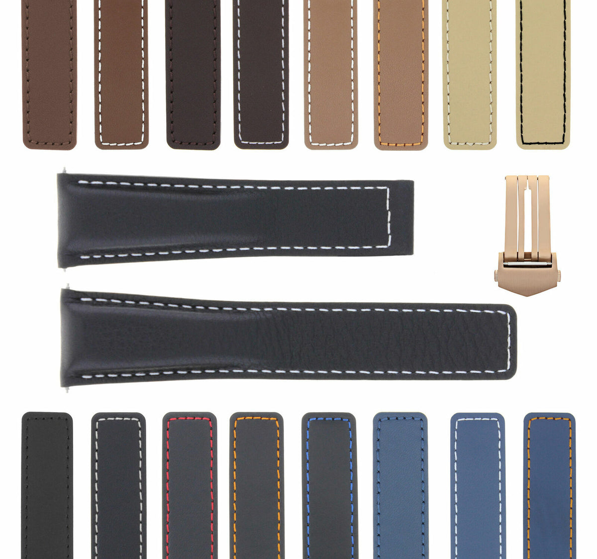 19MM 20MM 22MM LEATHER WATCH BAND STRAP WITH CLASP FOR TAG HEUER CARRERA MONACO, Black with White Stitching