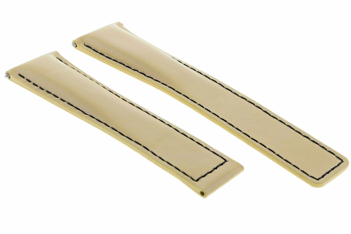19MM 20MM 22MM LEATHER WATCH BAND STRAP WITH CLASP FOR TAG HEUER CARRERA MONACO, Beige with Black Stitching, front view