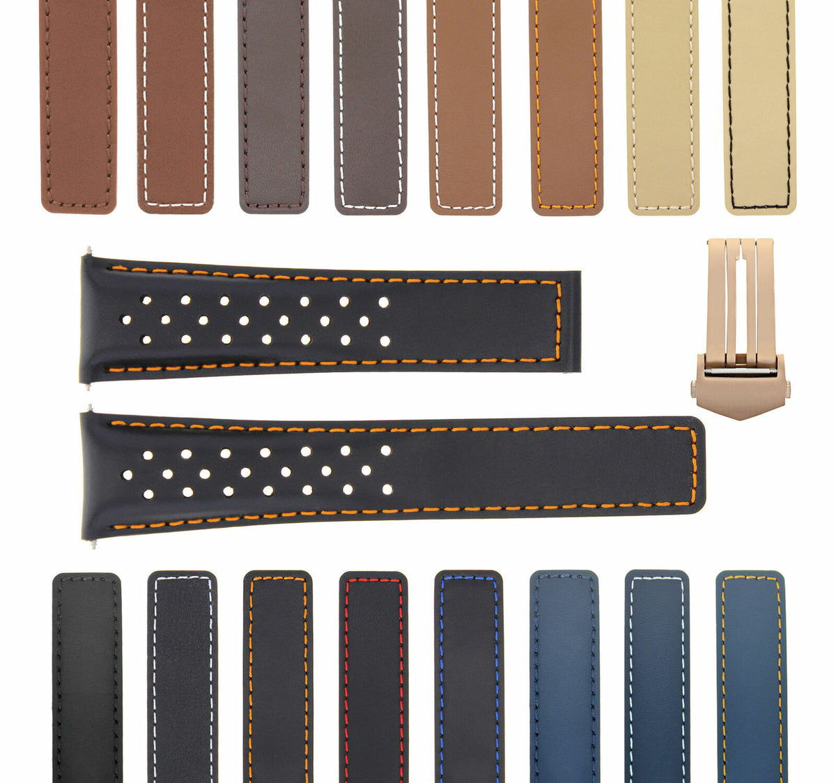 19MM-22MM PERFORATED LEATHER WATCH BAND STRAP FOR TAG HEUER CARRERA CALIBRE, Black with Orange Stitching