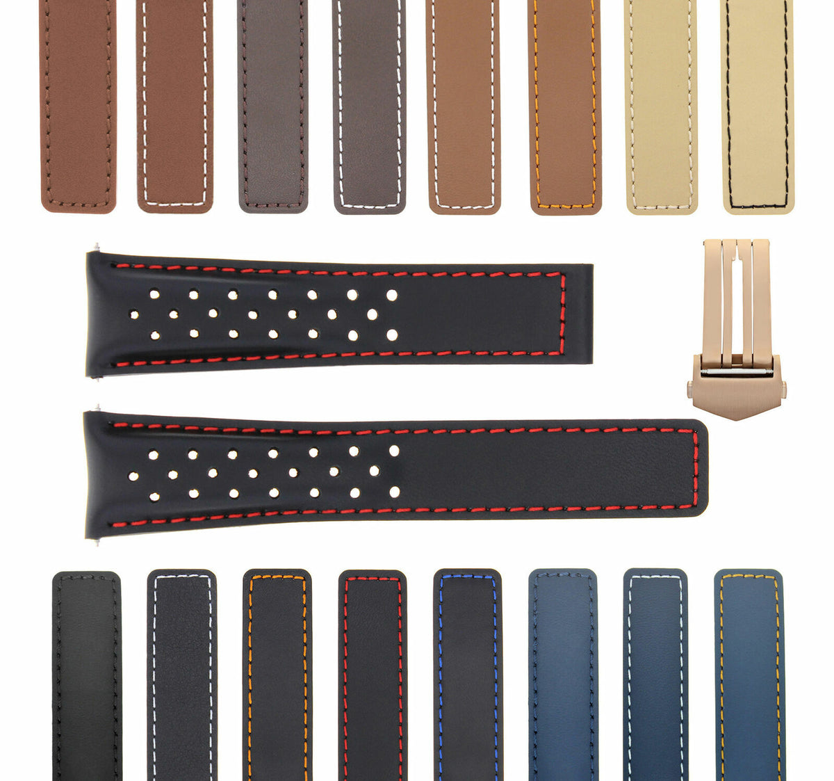 19MM-22MM PERFORATED LEATHER WATCH BAND STRAP FOR TAG HEUER CARRERA CALIBRE, Black with Red Stitching