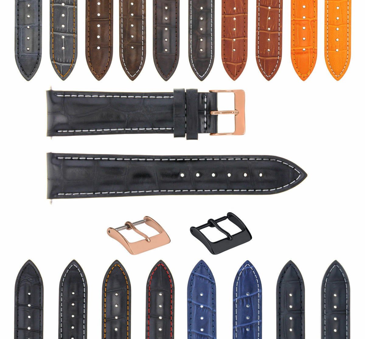 17-18-19-20-21-22-23-24MM LEATHER WATCH BAND STRAP FOR CITIZEN DRIVE ROSE BLACK, Black with White Stitching