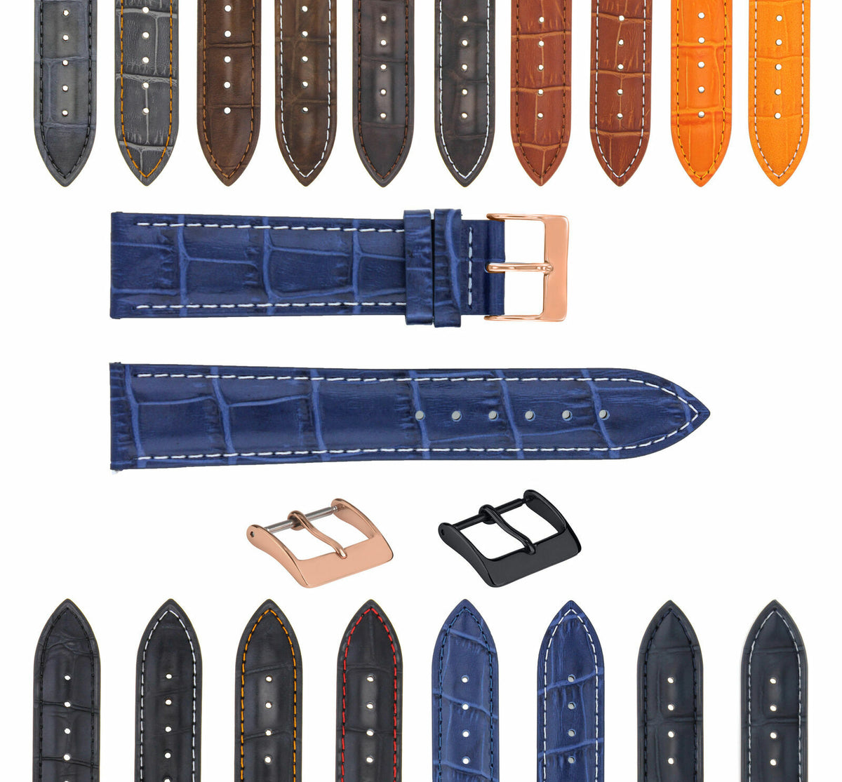 17-18-19-20-21-22-23-24MM LEATHER WATCH BAND STRAP FOR CITIZEN DRIVE ROSE BLACK, Blue with White Stitching