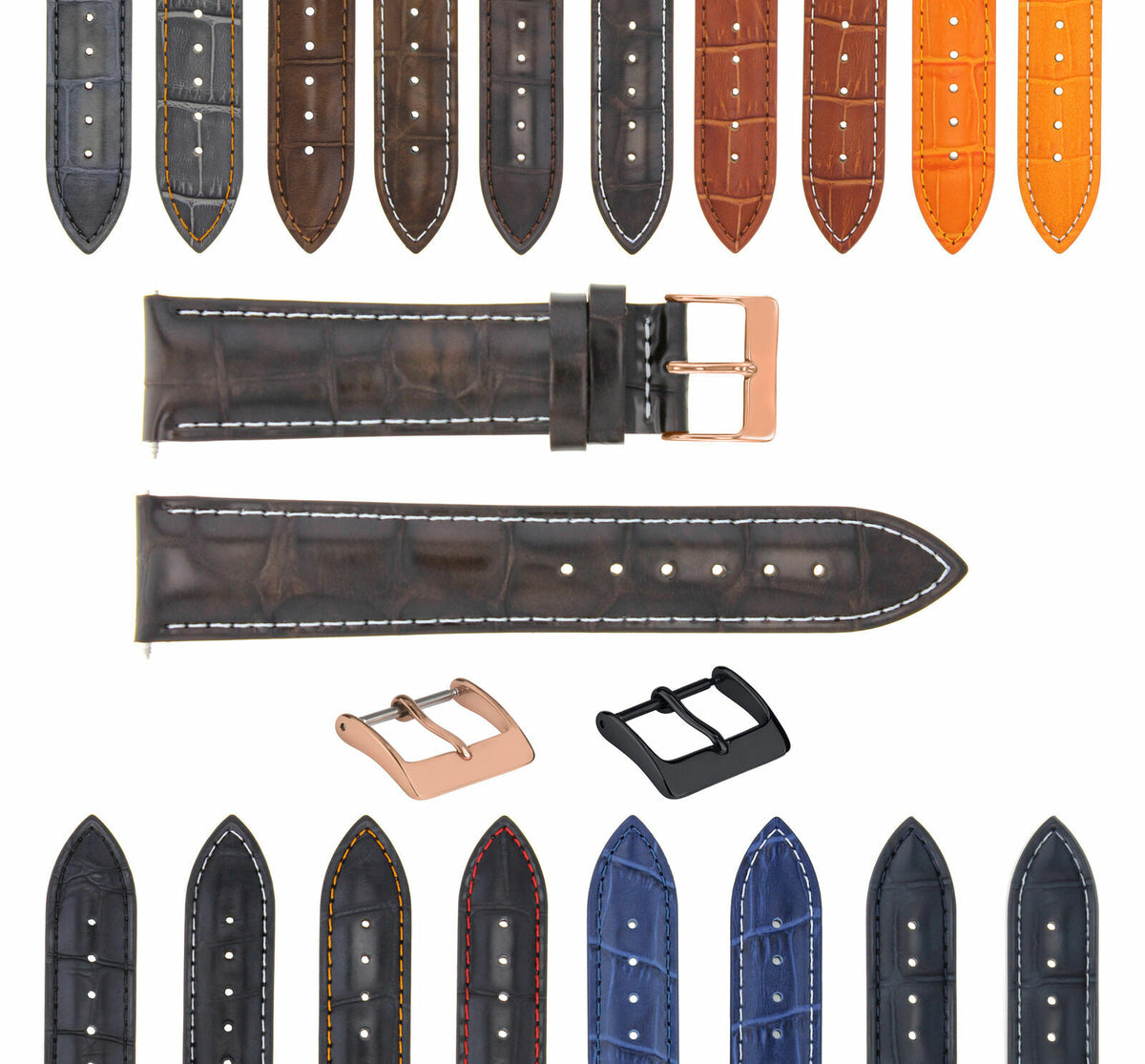 17-18-19-20-21-22-23-24MM LEATHER WATCH BAND STRAP FOR CITIZEN DRIVE ROSE BLACK, Dark Brown White Stitching