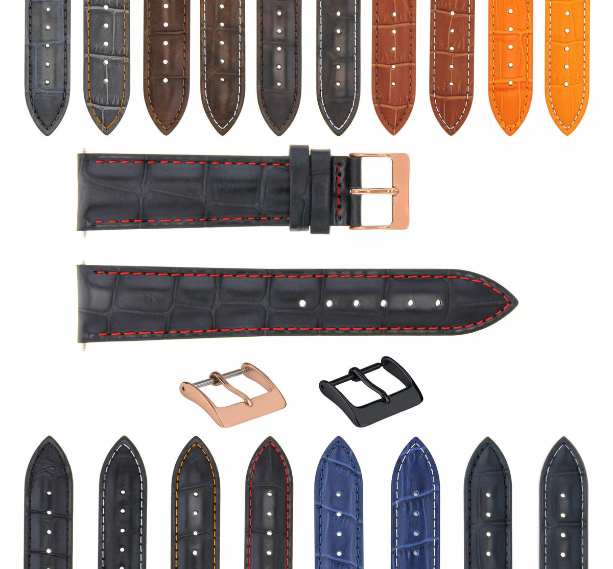 17-18-19-20-21-22-23-24MM LEATHER WATCH BAND STRAP FOR CITIZEN DRIVE ROSE BLACK, Black with Red Stitching