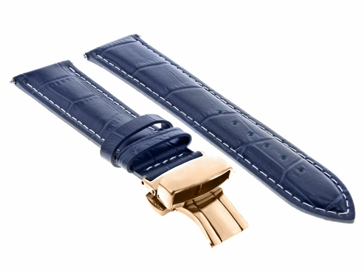 17-18-19-20-21-22-23-24MM LEATHER WATCH BAND STRAP FOR WRIST WATCH ROSE BLACK, Blue with White Stitching, front view