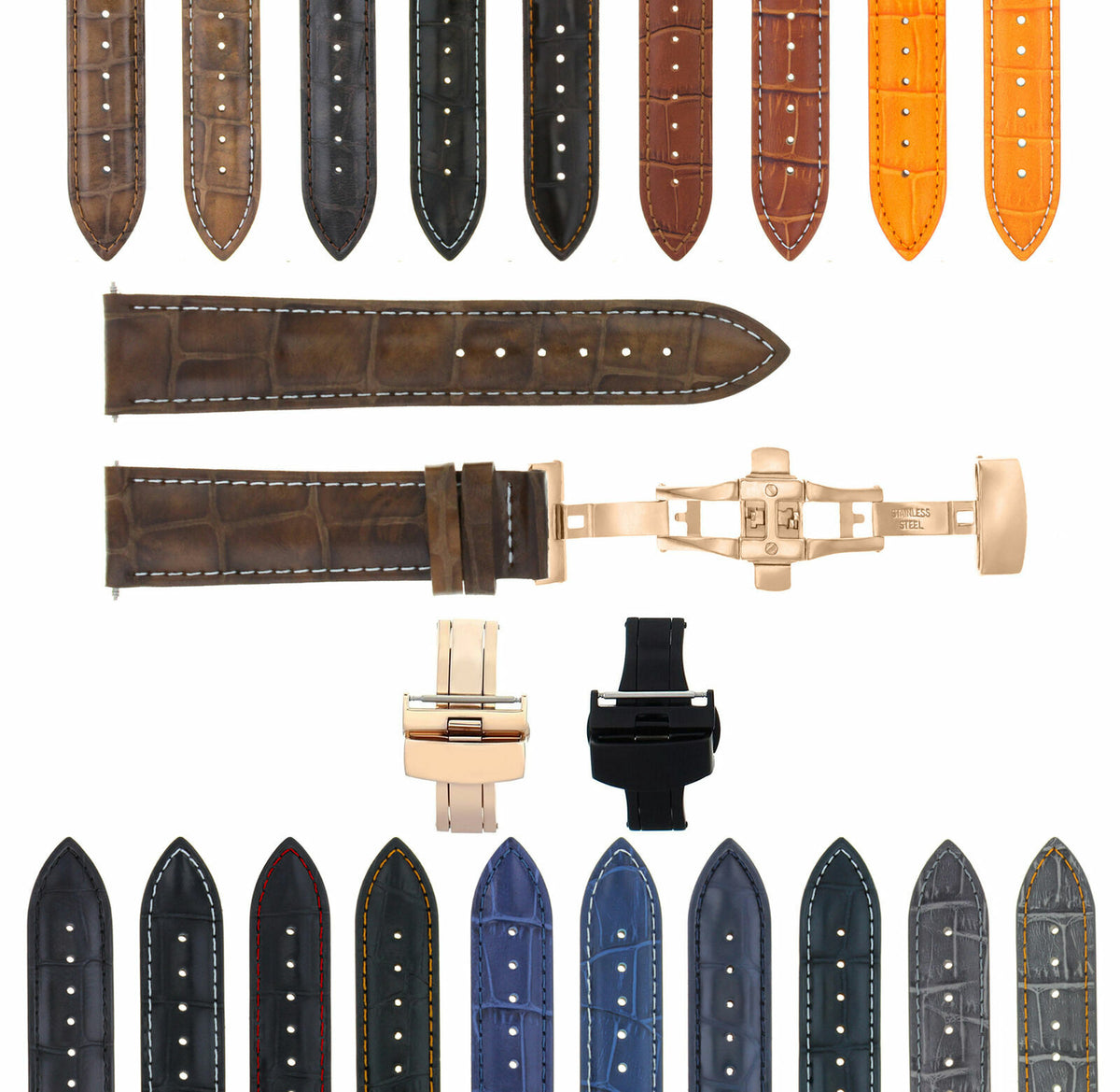 17-18-19-20-21-22-23-24MM LEATHER WATCH BAND STRAP FOR WRIST WATCH ROSE BLACK, Light Brown White Stitching