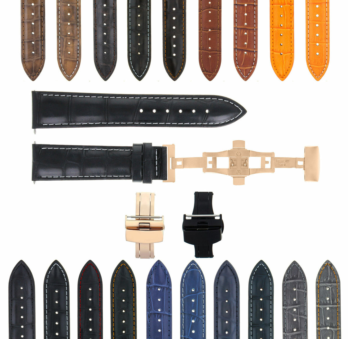 17-18-19-20-21-22-23-24MM LEATHER WATCH BAND STRAP FOR WRIST WATCH ROSE BLACK, Dark Brown White Stitching