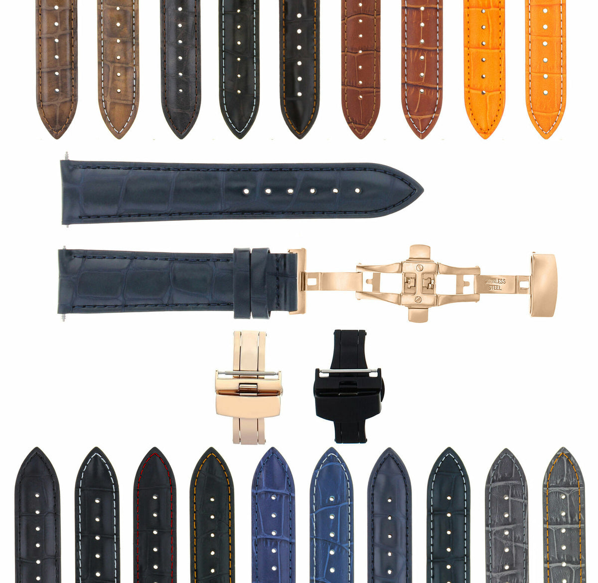 17-18-19-20-21-22-23-24MM LEATHER WATCH BAND STRAP FOR WRIST WATCH ROSE BLACK, Dark Blue