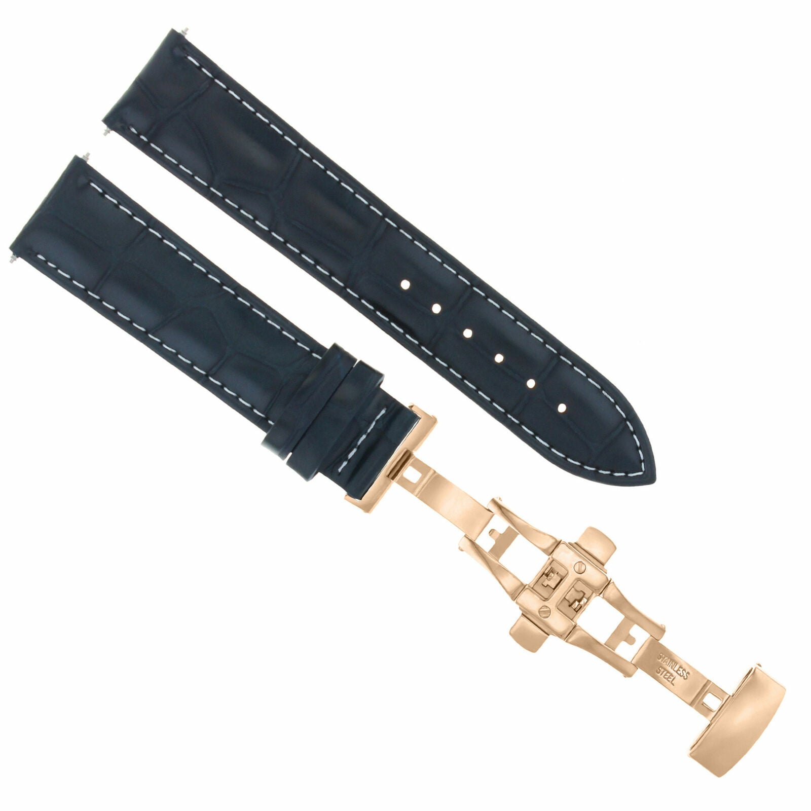 17-18-19-20-21-22-23-24MM LEATHER WATCH BAND STRAP FOR WRIST WATCH ROSE BLACK, Dark Blue with White Stitching, view 3