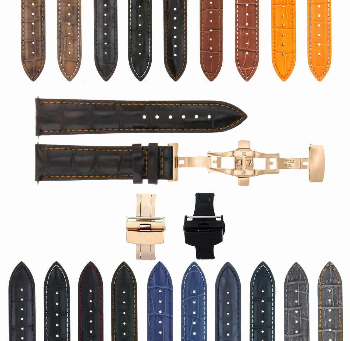 17-18-19-20-21-22-23-24MM LEATHER WATCH BAND STRAP FOR WRIST WATCH ROSE BLACK, Dark Brown Orange Stitching
