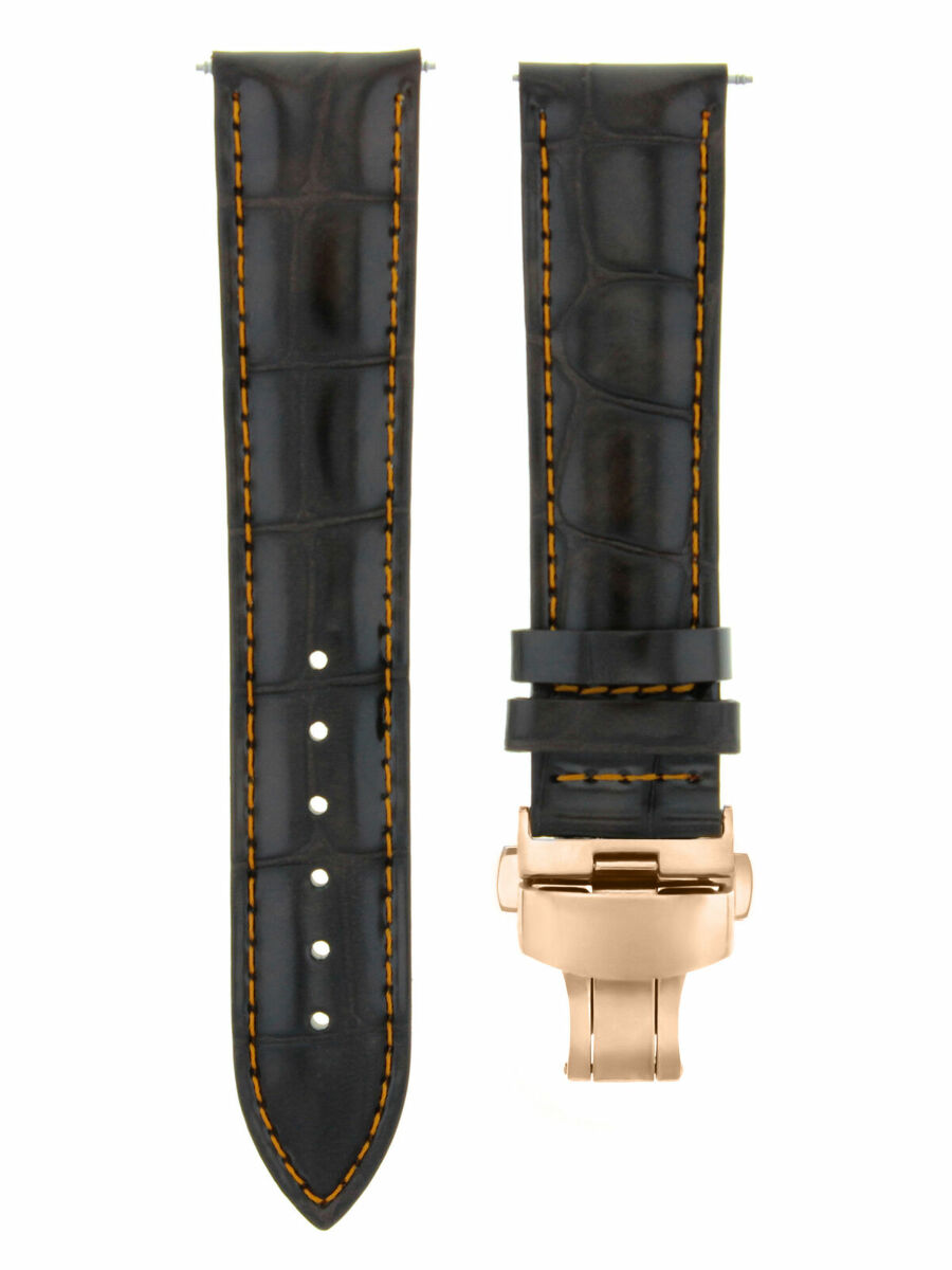 17-18-19-20-21-22-23-24MM LEATHER WATCH BAND STRAP FOR WRIST WATCH ROSE BLACK, Dark Brown Orange Stitching, view 2