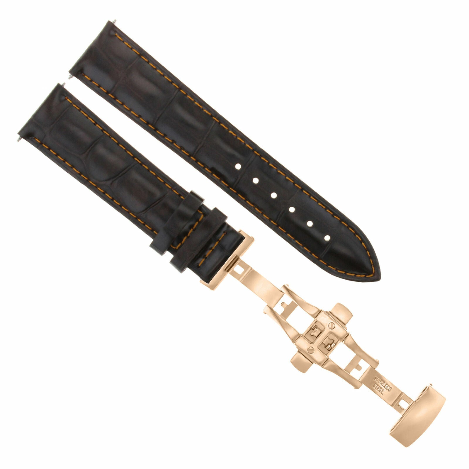 17-18-19-20-21-22-23-24MM LEATHER WATCH BAND STRAP FOR WRIST WATCH ROSE BLACK, Dark Brown Orange Stitching, view 3