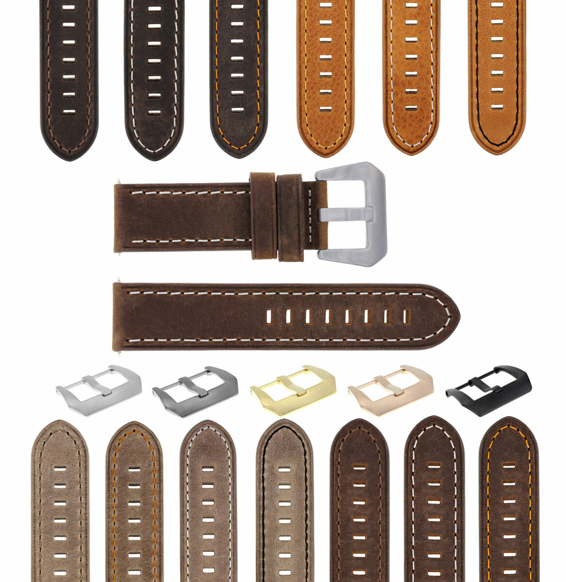 20-22-24MM LEATHER WATCH BAND STRAP FOR BREITLING CHRONOMAT BENTLEY COLT WATCH, Brown with White Stitching